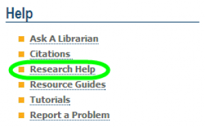 Library homepage, Research Help link.