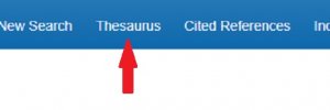 arrow indicates the location to the thesaurus in the toolbar